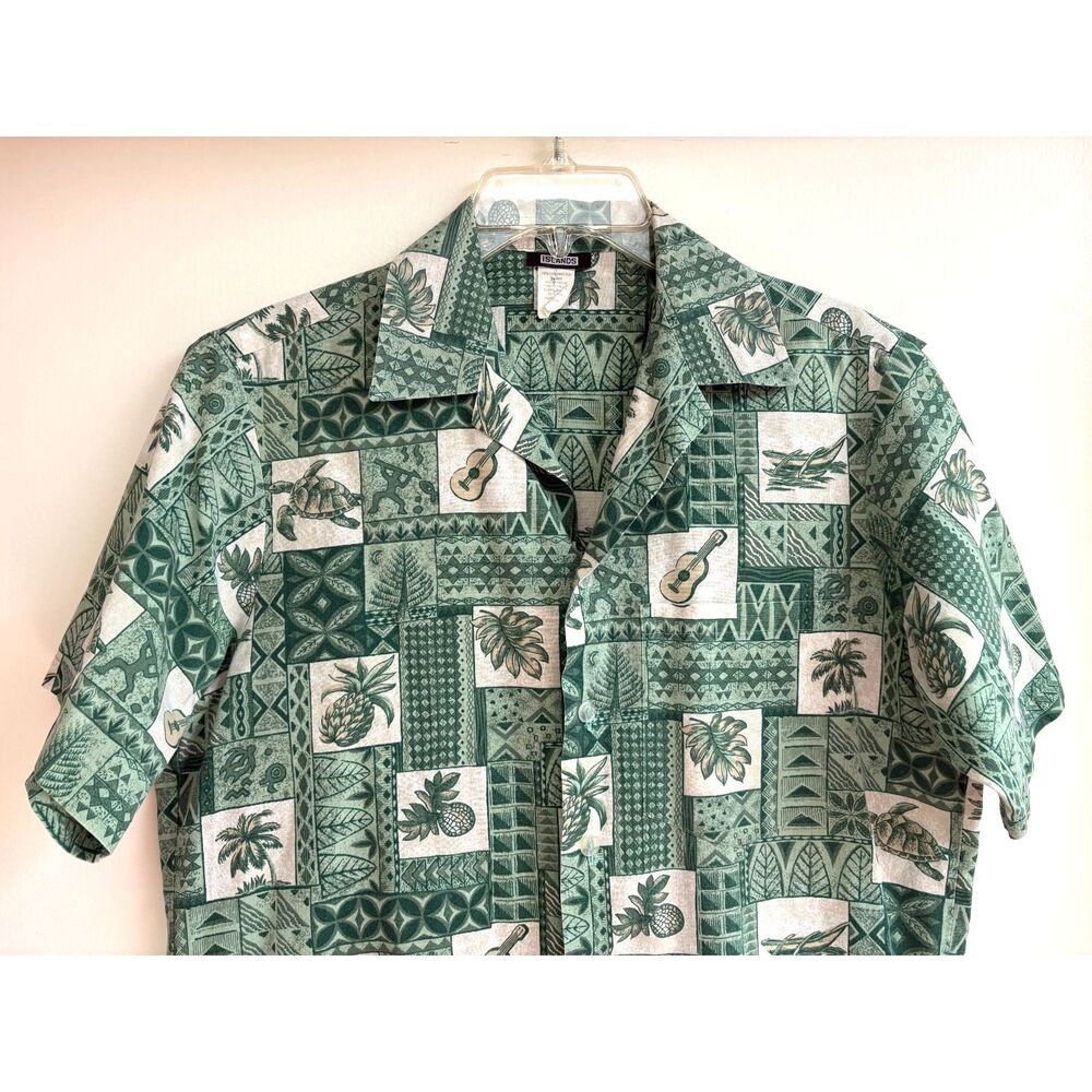Islands Cotton Hawaiian Shirt Aloha Button Sage Green Patchwork S Vtg Retro Palm - Picture 2 of 7